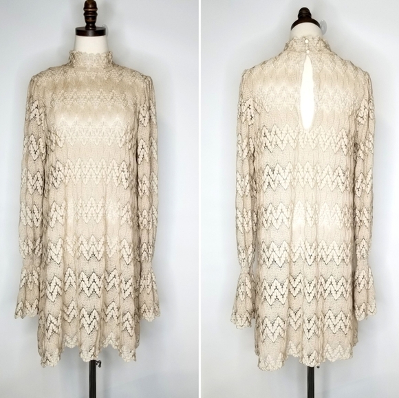 Free People Medium Light Brown Nude Lace Bell Sleeve Short Cocktail Party Dress - Picture 1 of 10